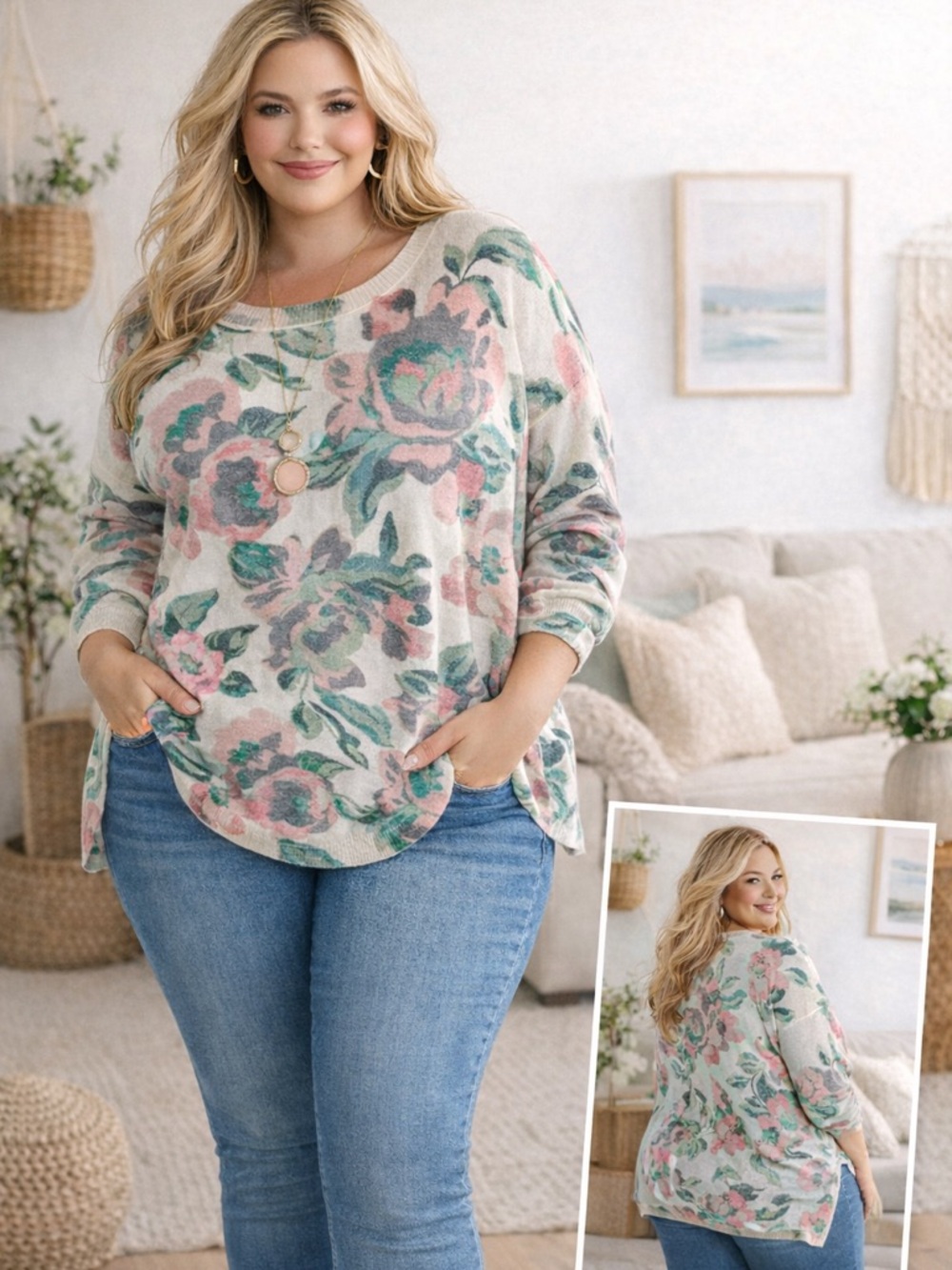 Lane Bryant Pink Green Floral Crew Neck Pullover Sweater Womens 26/28 NWT